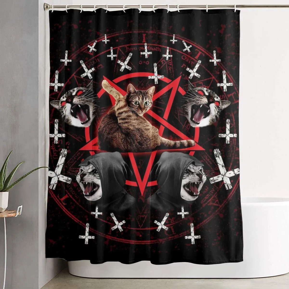 Rideaux Animal mode luxe satanique chat pentagram de mort rideau de douche en métal noir