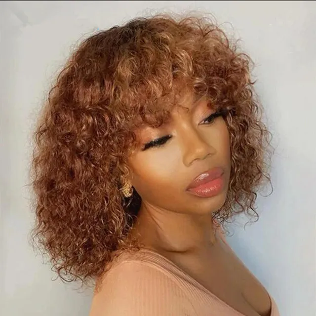 Ali express heiße farbige kurze Afro Kinky Curly Bob Echthaar Pony Perücke für Frauen leimloses brasilianisches Remy Haar Ombre Brown lose tiefe gewellte Perücken ohne Spitze