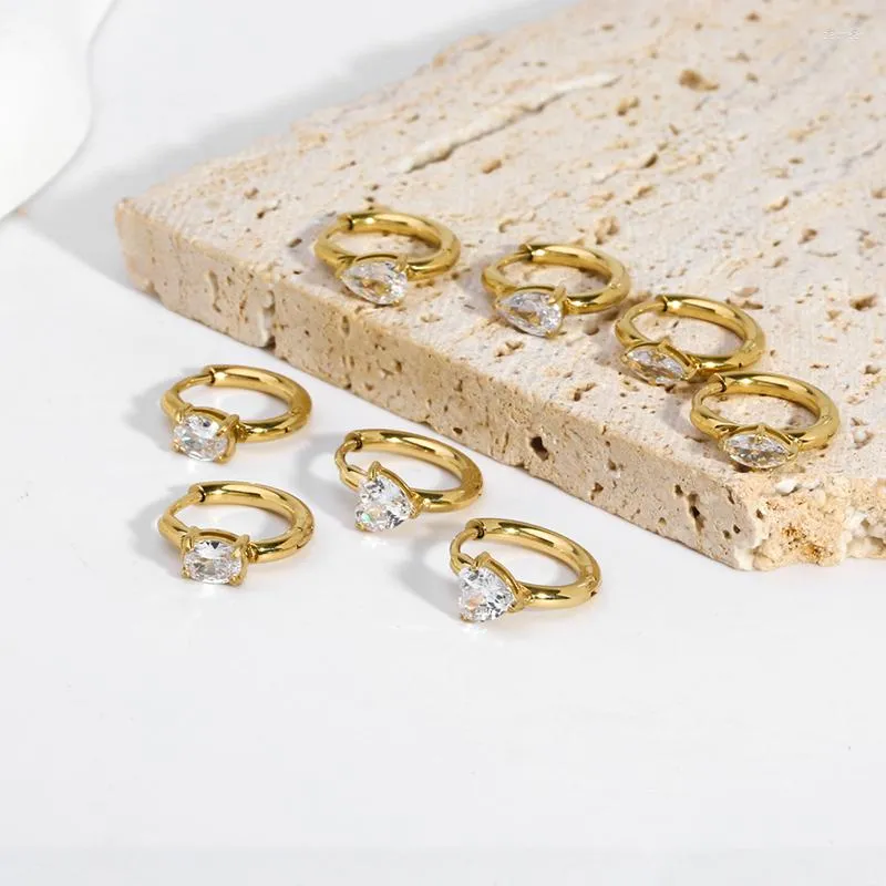 Pendientes de aro chapados en oro de 14 quilates de acero inoxidable con circonita cúbica Huggies para mujer de 0.551 in, pequeño pendiente de piedra brillante, regalo de fiesta