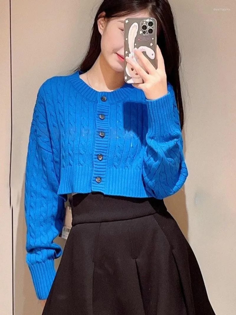 Women's Knits WAKUTA Cable Twist Sweater O Neck Long Sleeve Single Breasted Short Cardigan Japanese Vintage 2023 Early Autumn Pull Femme