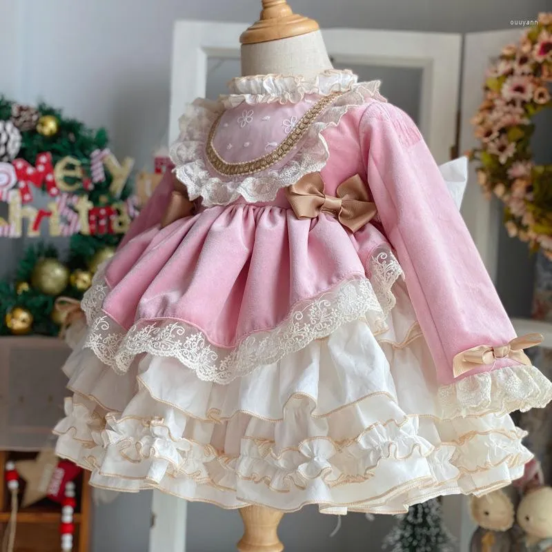 Vintage Lace Baby Girl Dress Pink Spanish Pom Pom Ball Gown Princess