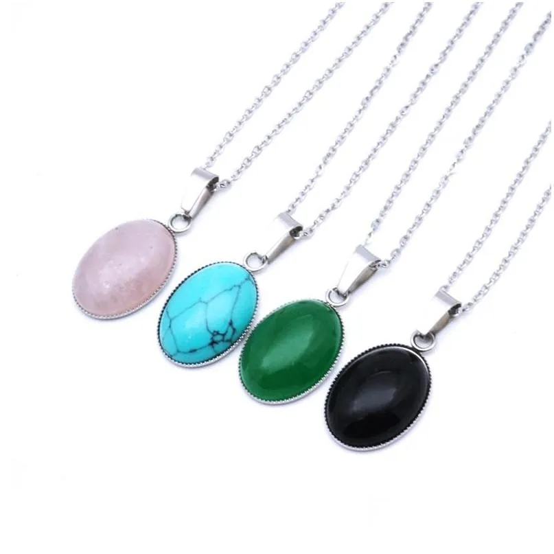 Pendant Necklaces Fashion Oval Stone Style Pink Green Black Crystal Stainless Steel Necklace For Women Jewelry Drop Delivery Pendants Dhqgo