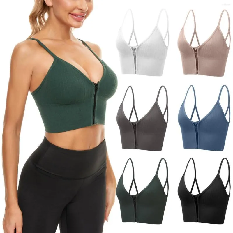 Women's Shapers Apparel Women's Zip Front Sports Bra Spaghetti Strap Cotton Pullover Yoga Bras C