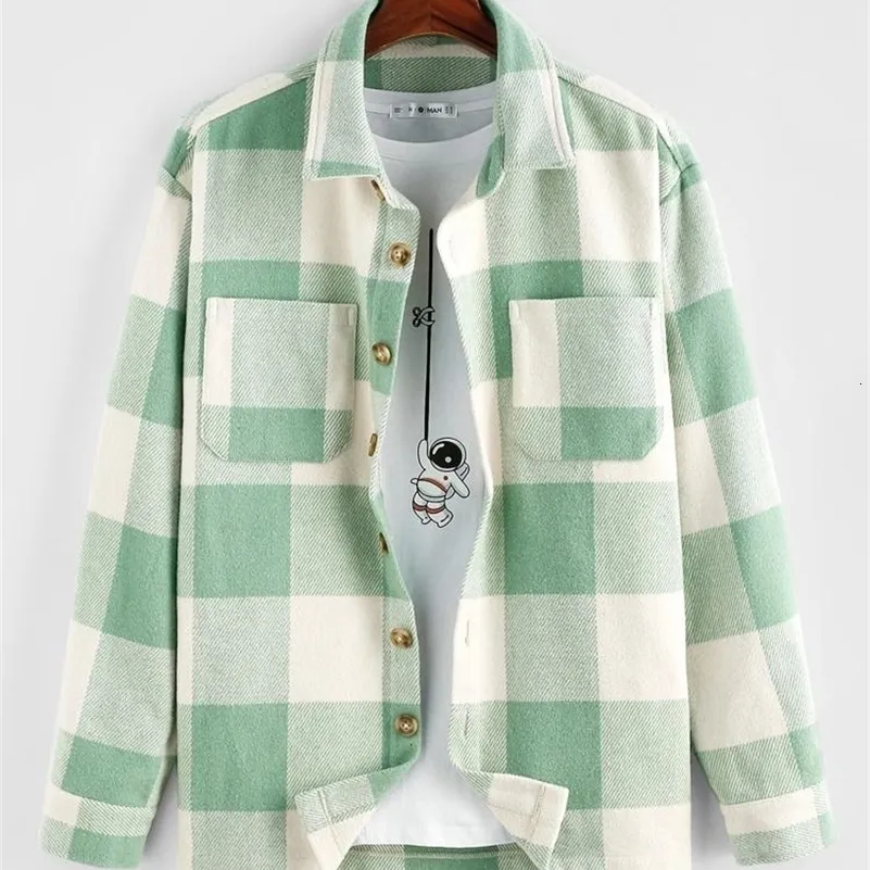 SANGTREE Men's Plaid Flannel Shacket Jacket - Long Sleeve, Button Down, Green/White, XX-Large