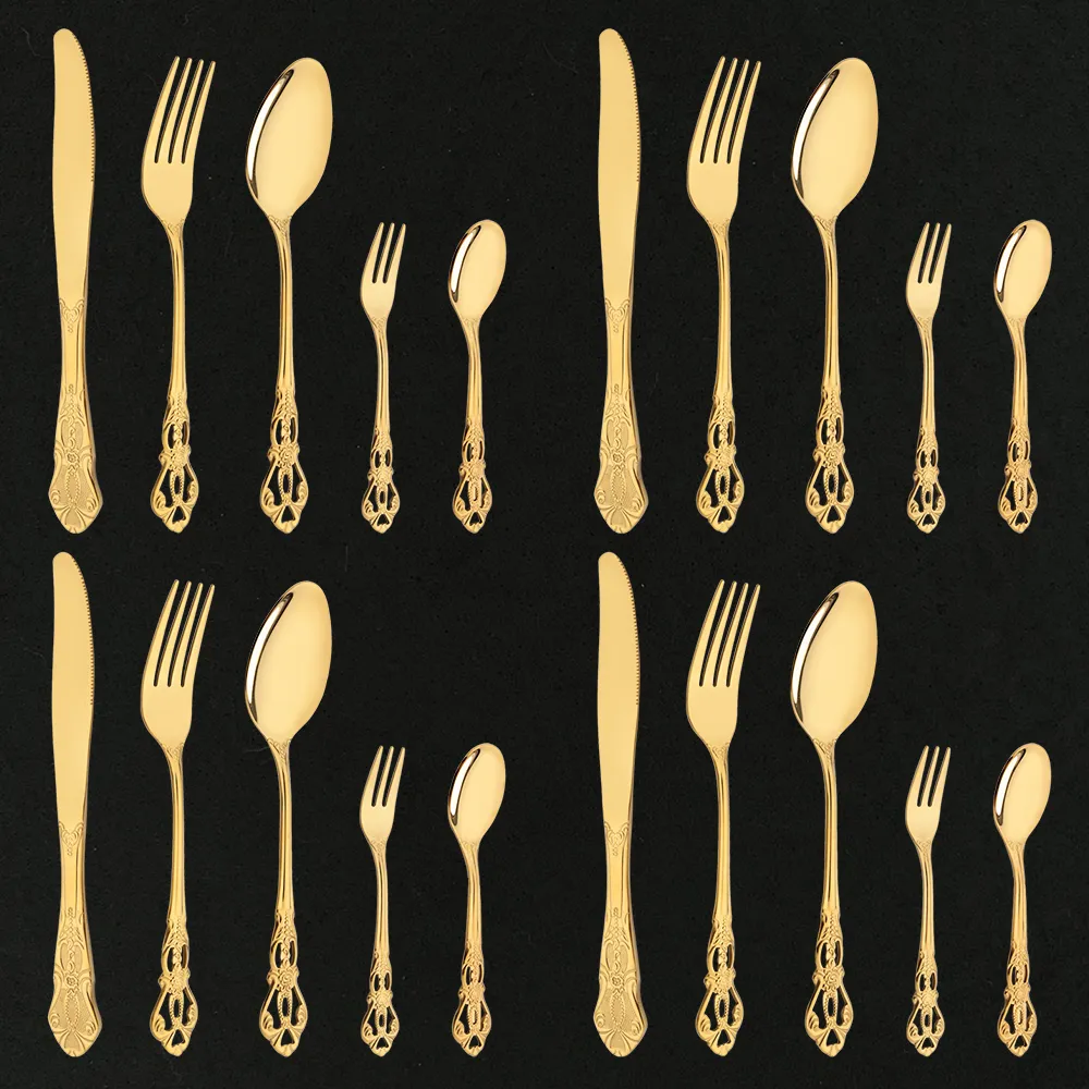 Zestawy naczyń stołowych Vintage Western Mirror Gold Cutlery Zestaw stolików 20pcs jadalnia noża noże