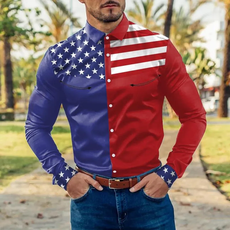 Camicie casual da uomo Body Suit Uomo Moda uomo a righe Color Block Patchwork Bandiera americana Bavero con bottoni Camicia con colletto lungo