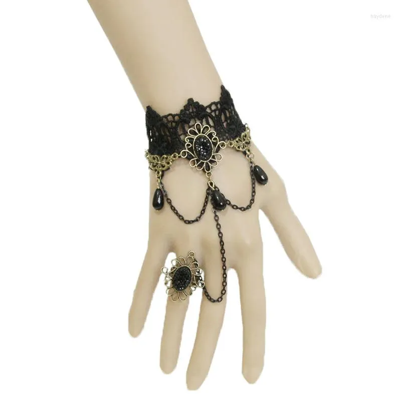 Collier boucles d'oreilles ensemble fait à la main dentelle noire Multi perles goutte chaîne Floral métal Bronze anneau réglable Bracelet gothique Lolita balle esclave