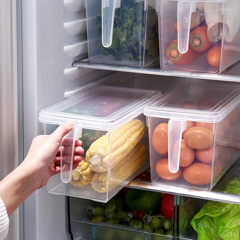 زجاجات التخزين 3pcs صندوق الثلاجة حاويات مربعة بلاستيكية مع مقبض وأغطية المطبخ طعام الحفاظ على منظم الثلاجة الطازجة