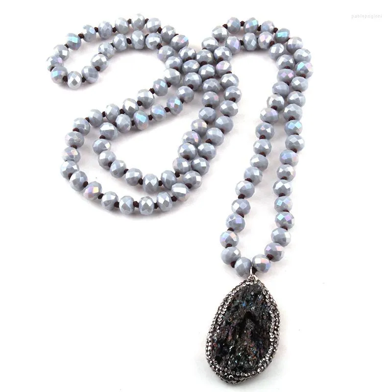 Chains Fashion Bohemian Tribal Jewelry Gray Crystal Knotted Halsband 5X8 Glass Natural Irregular Stone Charm Pendant_voghion.com