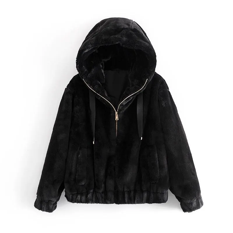 Dress Causal Women Black Faux Fur Coats 2023 Fashion Ladies Zipper Jackets Streetwear Female Thick Hooded OuterCoat Chic Girl Coat