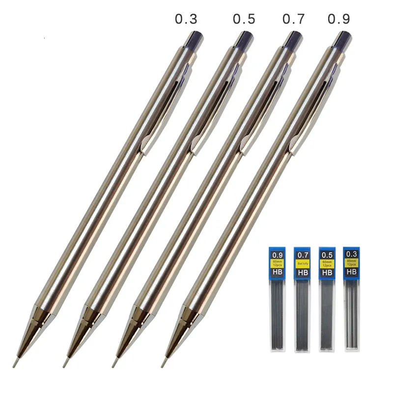 Markery Pełny metalowy ołówek mechaniczny 03mm05mm07mm09mm Wysoka jakość HB Automatyczne ołówki do pisania biura szkolnego 230503