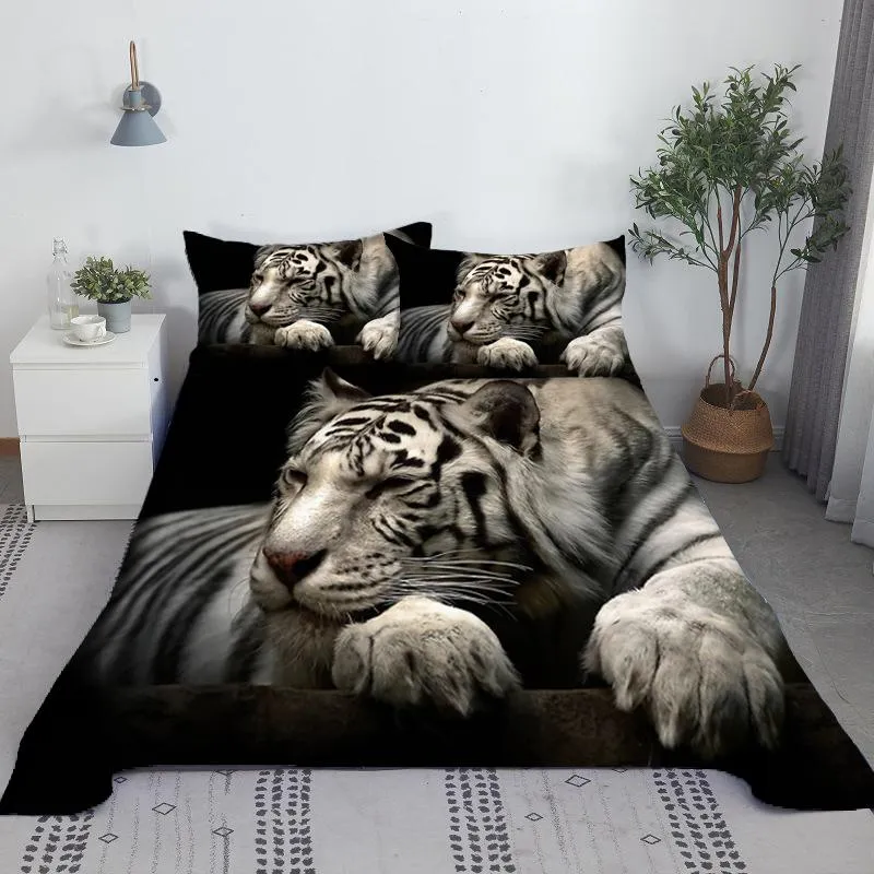 Set biancheria da letto per tigri bianche 3D Set lenzuolo per animali Set lenzuolo per letto tigre con federa Tessili per la casa in morbido poliestere stile king size