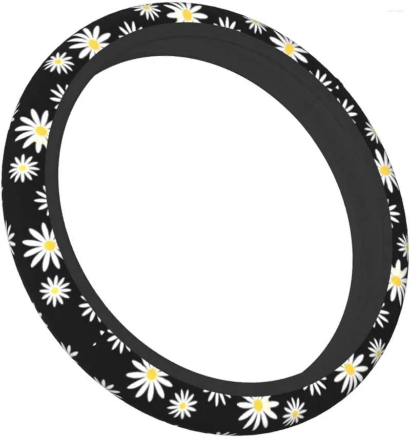 Housses de volant Couverture de fleur de marguerite noire Universelle 15 pouces Impression Néoprène Protecteur de voiture Mignon Automobile