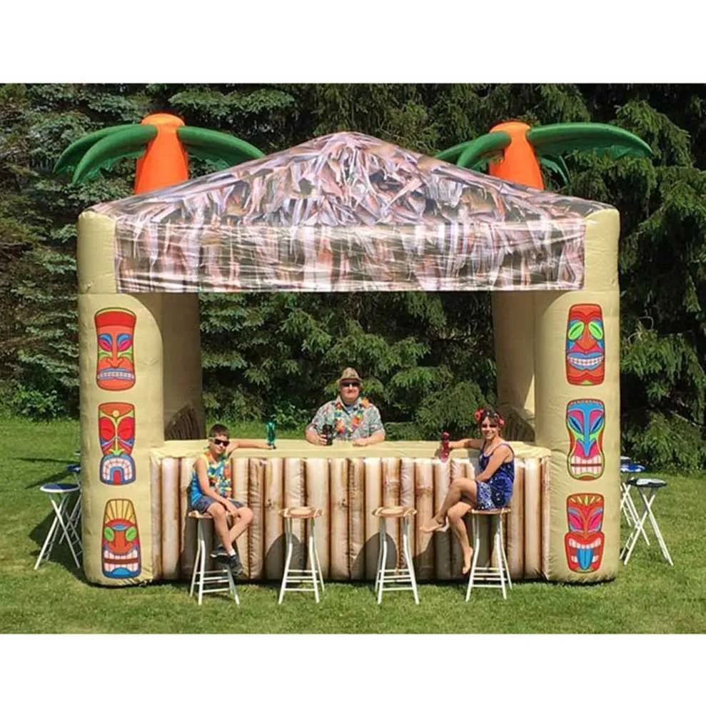 4x2.7x2.3m Oxford Palmier Gonflable Tiki Bar Tente De Cabine De Plage En Plein Air Servant Stand De Concession Pour La Fête D'été D'arrière-cour Utilisée