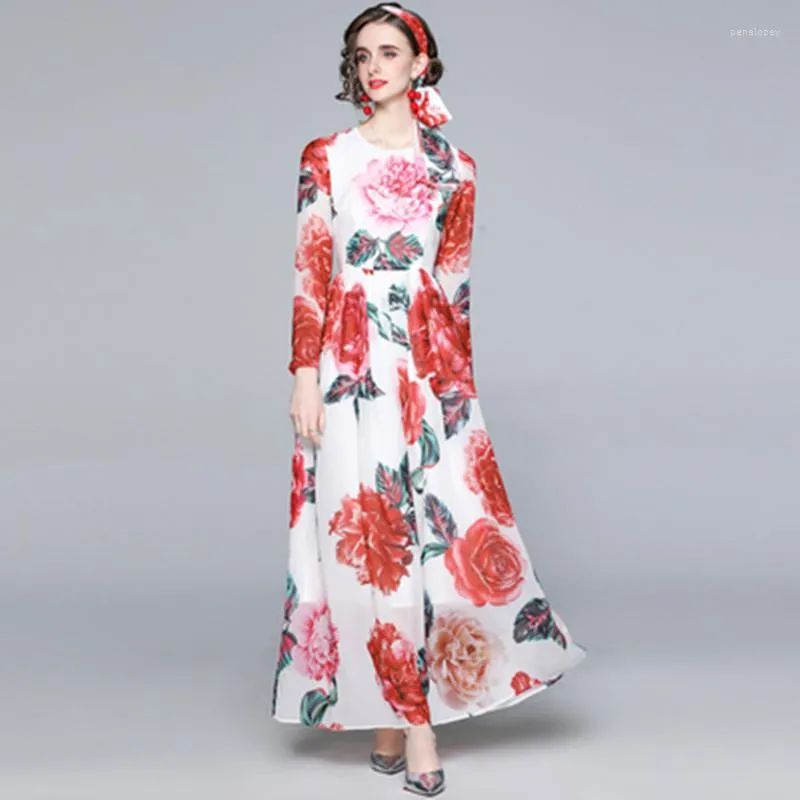 Vestidos casuais 2023 Vestido de chiffon feminino de primavera de primavera luxuriy de manga comprida impressão floral vintage Lady Sandy Beach Maxi