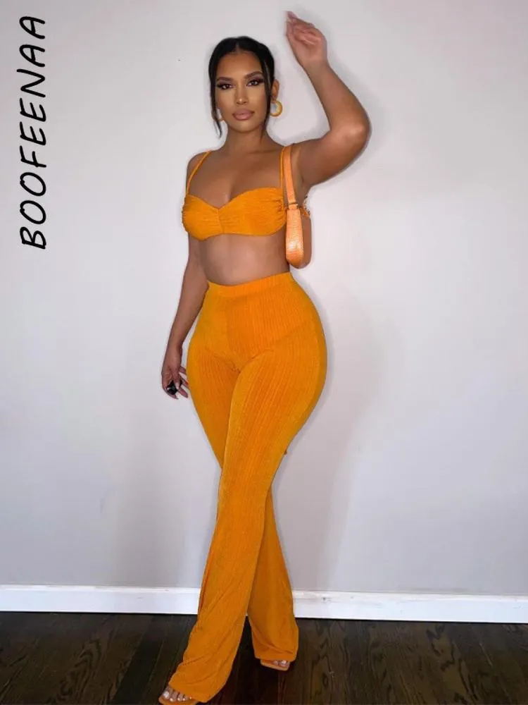 Pants BOOFEENAA Sexy Summer Club Outfits for Women Two Piece Set Orange White Knitted Backless Crop Top and Flare Pants Suit C16CG34