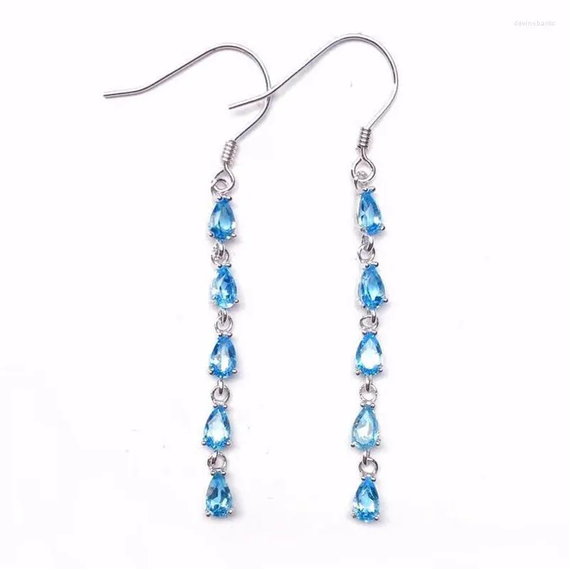 Boucles d'oreilles pendantes naturelles véritable topaze bleue longue boucle d'oreille en argent sterling 925 3 5 mm 0,3 ct 10 pièces pierres précieuses bijoux fins pour hommes ou femmes