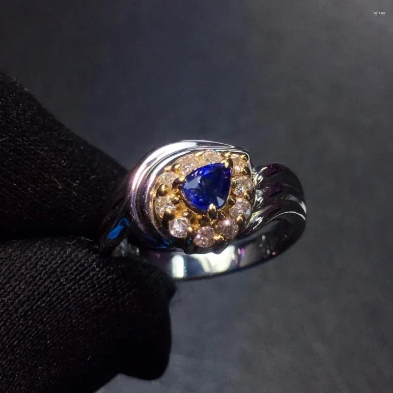 Cluster Rings Fine Jewelry Pt900 Real Platinum Gold Natural Blue Sapphire 0.45ct Gemstones Diamonds Femme Mariage