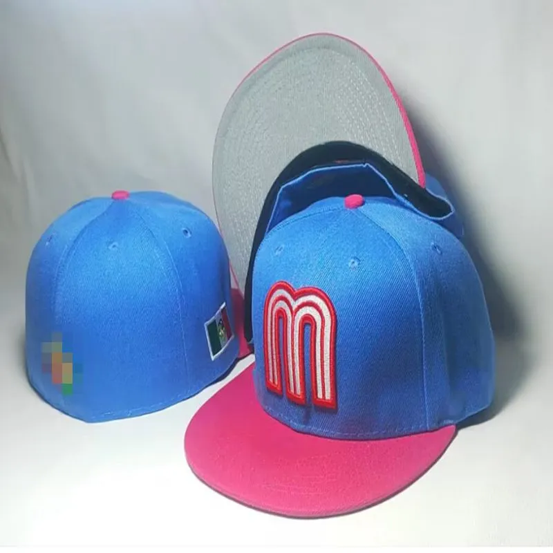 8 stili all'ingrosso Blu con rosa Messico M lettera Berretti da baseball Marca Street Bone Uomo Donna Gorras Hip hop Pop casquette Cappelli aderenti completamente chiusi