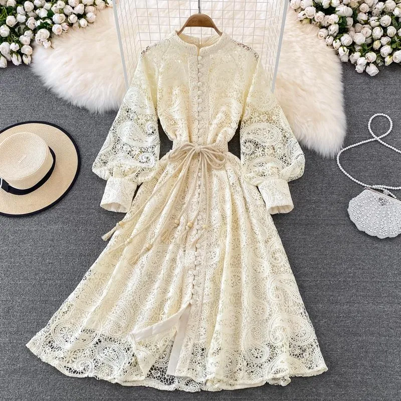 Casual Dresses Runway Designer Vintage Lace Midi Long Dress Hollow Out Embroidery Stand Collar Lantern Sleeve Bow Sashes Lace-Up Party