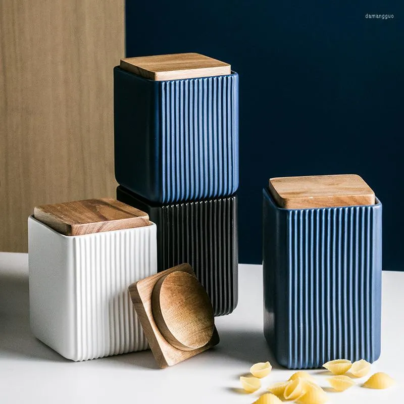 Opslagflessen Europese keramische pot met deksel creatieve rechte lijnen vierkante decoratieve keuken graan dispenser moderne theetafel kan