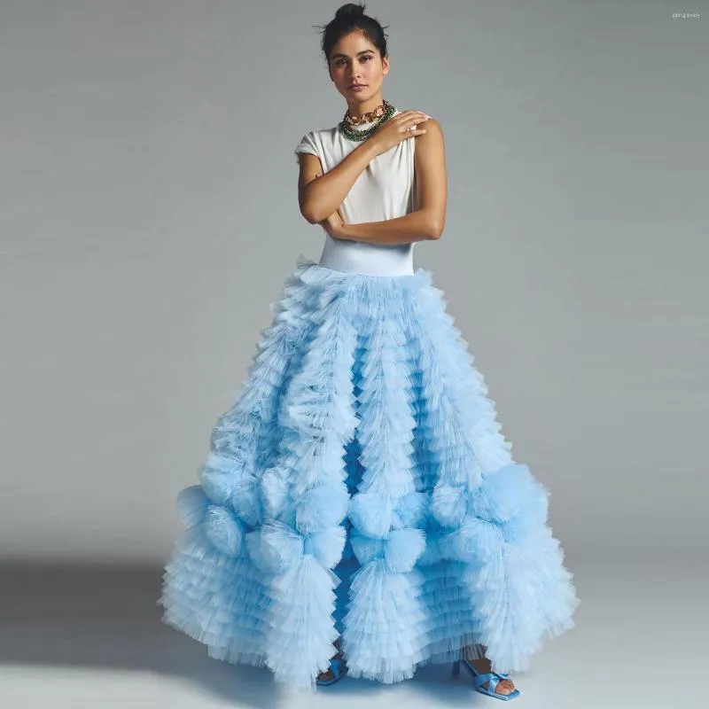 Jupes oniriques bleu ciel Tulle garniture Floral a ligne mari e lacets ceinture moelleux plusieurs niveaux Tutu longues femmes jupe Maxi