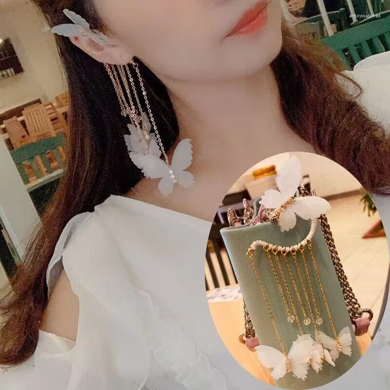 Hoop Earrings Women's Elegant Big Butterfly Rhinestone Ear Hanging With Small Droplet Tassel Chinese Hanfu Earring