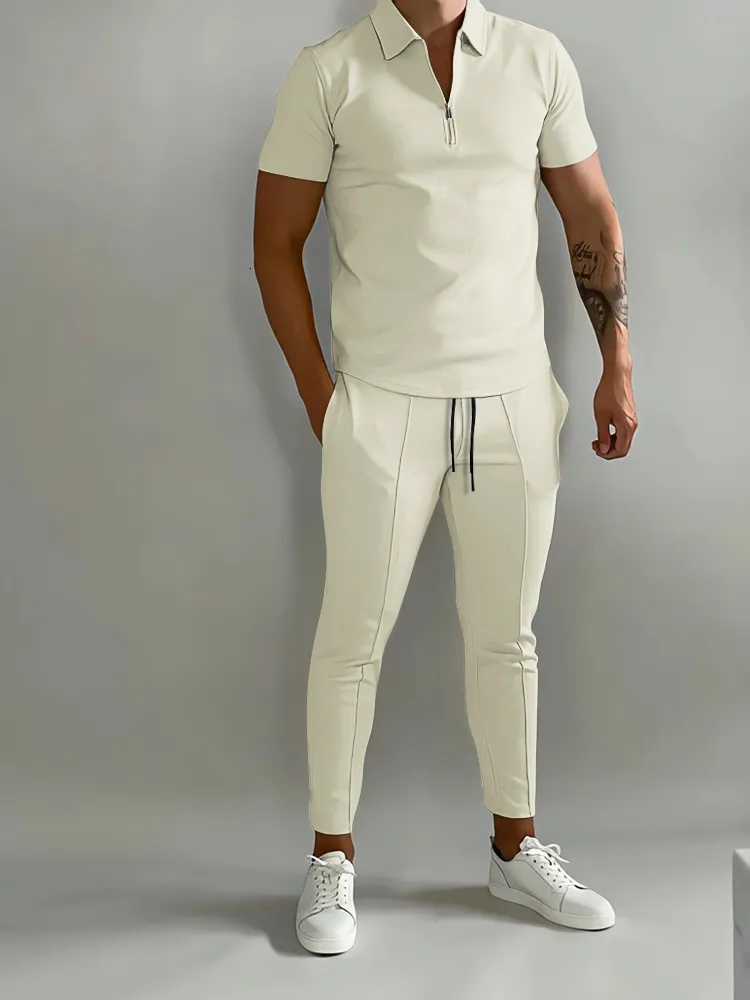 Mäns spårsuits Solid Color Suit Summer Casual Short Sleeve Polo Shirt Calf Pants For Men Streetwear Male Tracksuit 2 Piece Set 230503