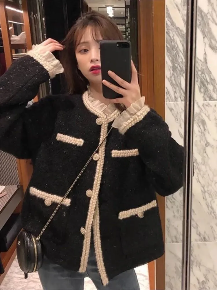 Jackets Hstar Elegant Slim Short Autumn Caot Women Korean style Lace Pathchwork Tweed jackets court style knitted Cardigan outwear