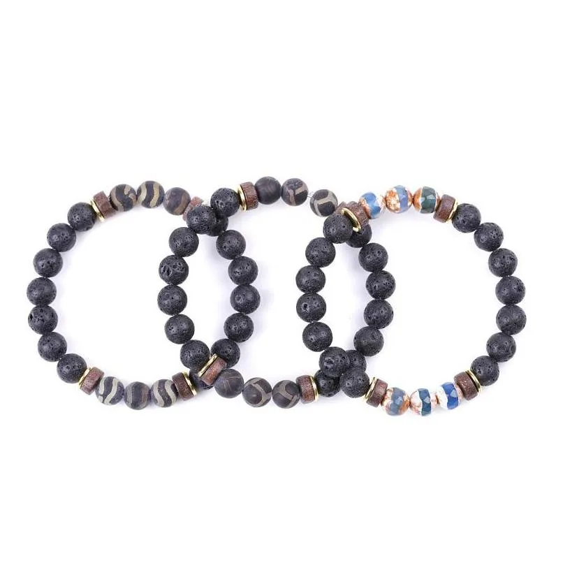 Bracelets de charme Rétro Dzi Pierre Bracelet Femmes Hommes Bois 8mm Perles de lave Huile essentielle diffuse Bouddha tibétain Strench Bijoux Drop Deli Dhrbq