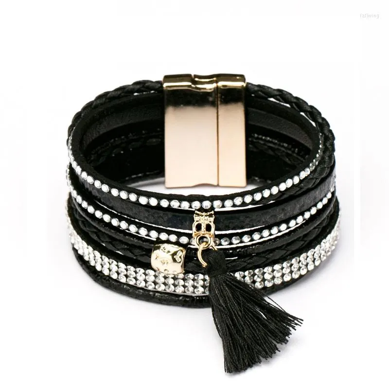 Bedelarmbanden 1 pc/perceel 2023 -stijl verkopen sieraden Boheemse mengsel Tassel Rhinestone lederen armbandbangle magnetische sluiting