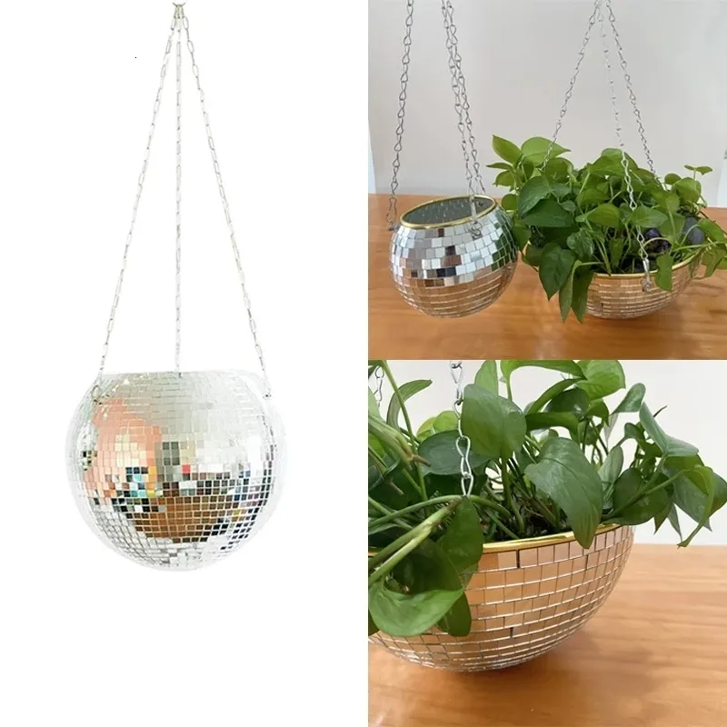 Planters Pots Boule Disco suspendu Pot de fleur pour plantes d'intérieur Style bohème jardinière Pots corde miroir suspendu panier jardin décor Vase 230503