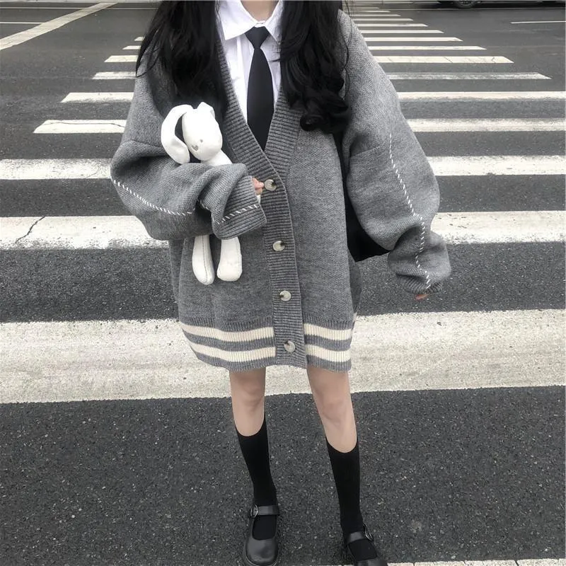 Sweaters Deeptown Preppy Fashion Stripe Knitted Oversize Cardigan Sweater Women Grey Korean Style Harajuku Jumper Female Casual Winter