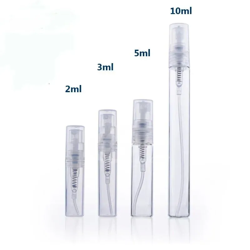 2 ml 3 ml 5 ml 10 ml plast/glas parfymflaska, kosmetiska behållare tomma refilerbar sprayflaska, liten parfymatomizer, parfymprov injektionsflaskor