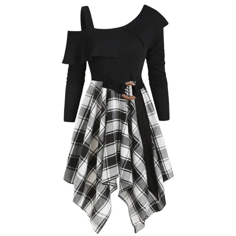 Casual jurken cooeverly plus size vrouwen plaid skew nek riem riem zakdoek mini jurk sundress elegant voor 2023