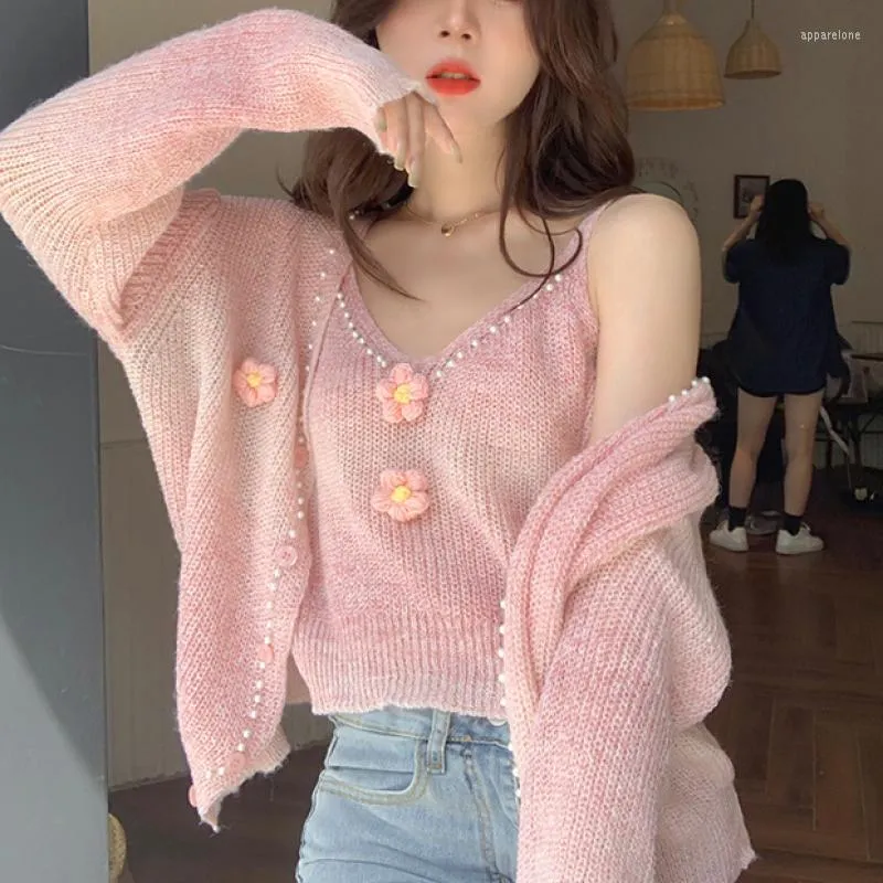 Women's Knits 2023 Autumn 2 Piece Set Women Knitter Suits Pink Sweater Elegant Cardigan Y2k Crop Tops Office Lady Kawaii Clothing Korean