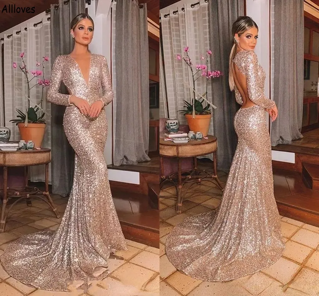 Abiti da sera a sirena con paillettes oro champagne scintillante per le donne maniche lunghe scollo a V Abiti da festa di seconda accoglienza Sexy aperto indietro formale Robe de Soiree CL2223