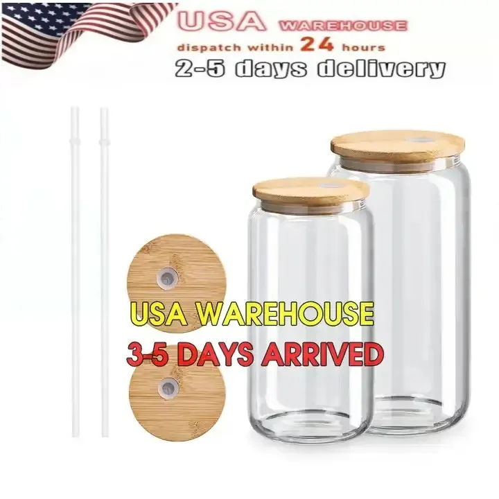 USA Warehouse 16 Unzen Glasbecher Sublimationsrohlinge, klar, gefrostet, Kaffee, Tee, Saft, Whisky, Einmachglas, Tassen mit Bambusdeckel, schnelle Lieferung