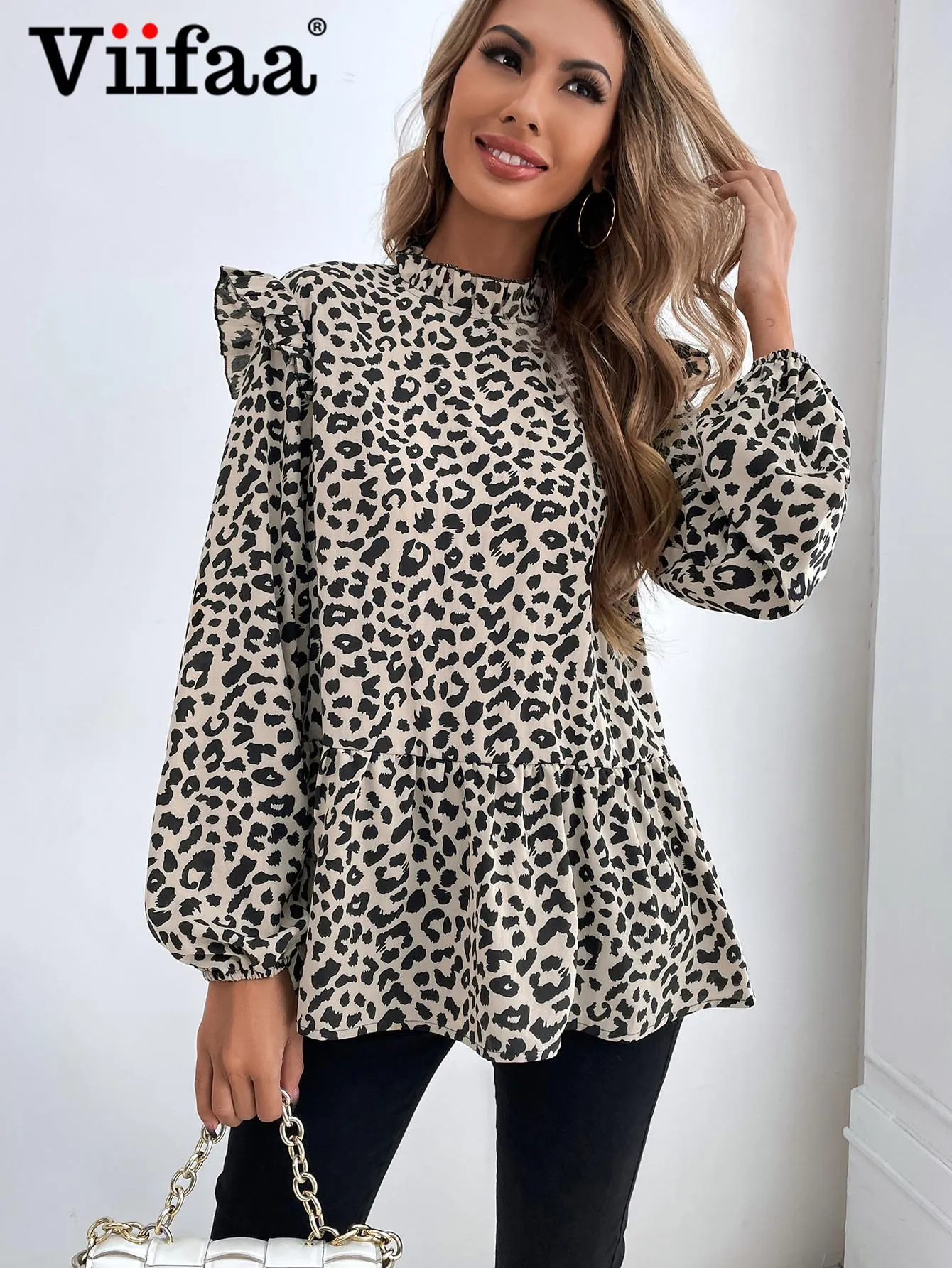 T-Shirt Viifaa Leopard Print Fashion Spring 2022 Blouses Women Long Sleeve Top Keyhole Back Casual Ladies Shirts Elegant