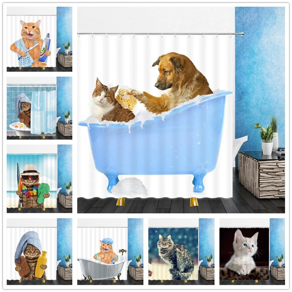 Cortinas engraçado animal cortina de chuveiro decoração bonito gato de estimação casa decoração do banheiro poliéster pano banho cortina conjunto cordão gancho