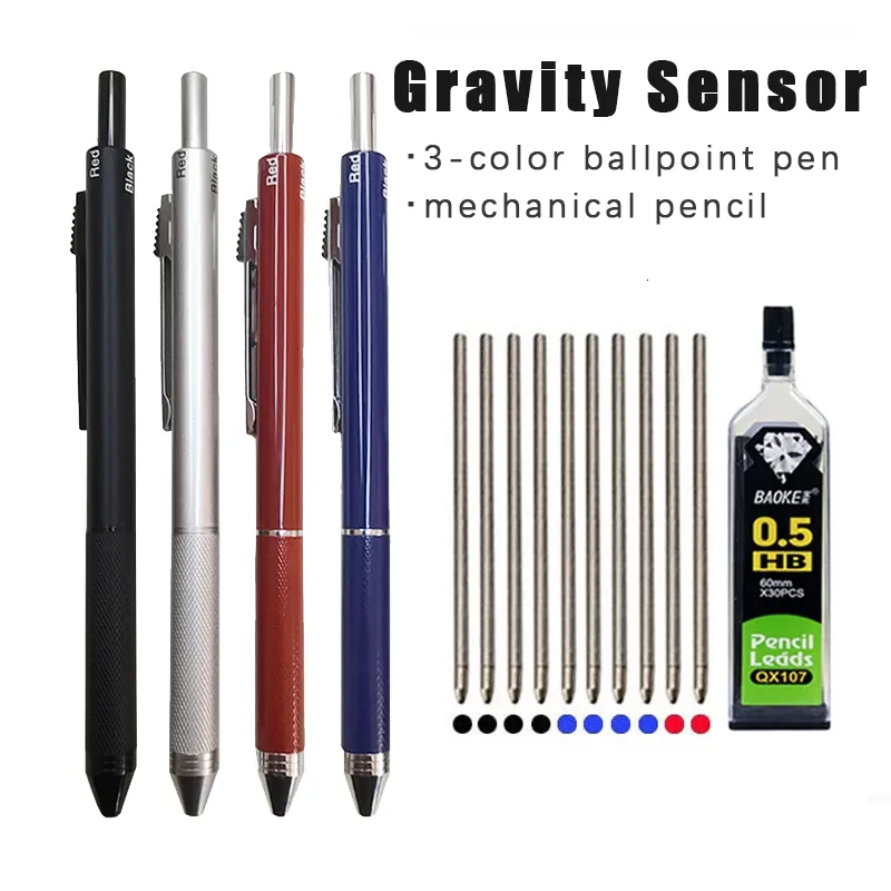 Tecnologia delle penne a sfera Sensore di gravità 4 in 1 Metallo multicolore Multifunzione Ricarica a sfera a 3 colori e piombo cil 230503