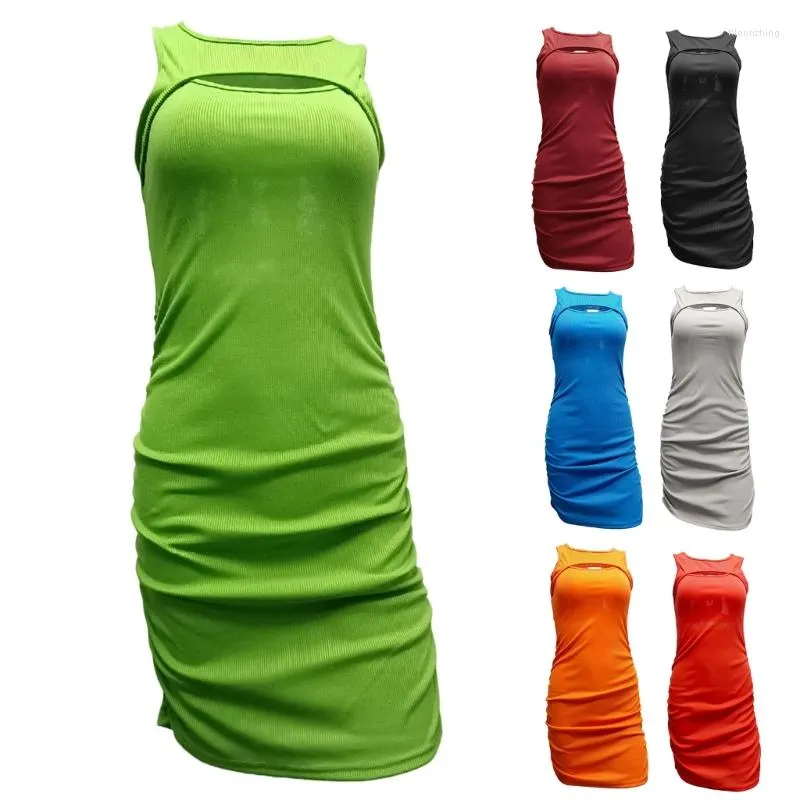 Vestidos casuales Vestido corto con volantes O-cuello Bodycon Huecos Tela Color sólido Sin mangas Cuello redondo Ropa de verano para mujeres 10CE