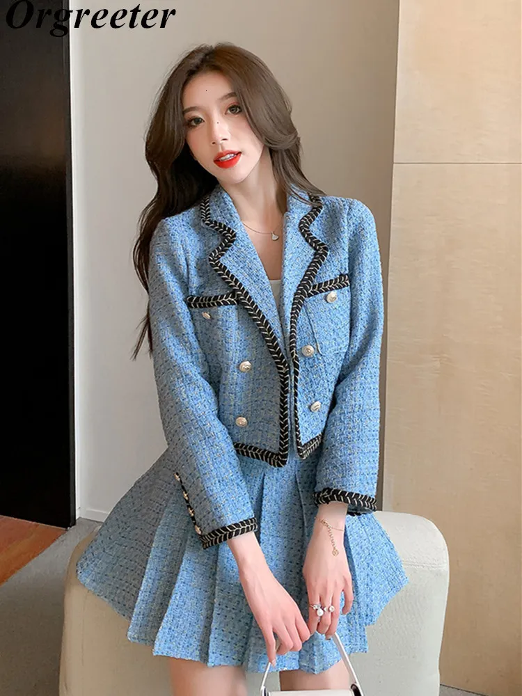 İki parçalı elbise sonbahar kış tüvit iki parça set kadın outifits vintage kırpılmış blazer ceket Kore moda yüksek bel pilili etek takımları 230503