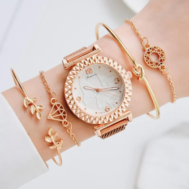 Armbanduhren 5pcs Uhrenset für Frauen Luxus Rose Gold Damen Quarz Casual Damenuhren Mode Armband Armreif Schmuck Reloj MujerWristw