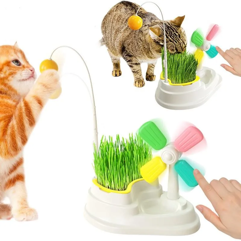 Brinquedos gato brinquedo moinho de vento provocando grama vara macia plantio pote provocando gato bola quebra-cabeça descompressão interativo desktop armazenamento brinquedos