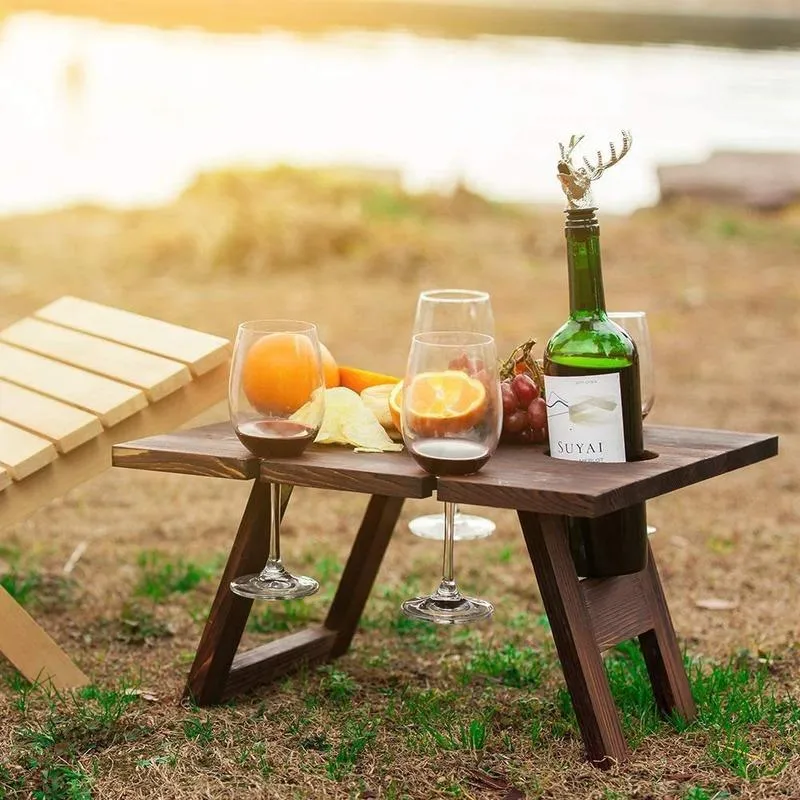 Mobili da campeggio Tavolo da picnic pieghevole in legno Attrezzatura da campeggio esterna quadrata portatile con portabicchieri da vino