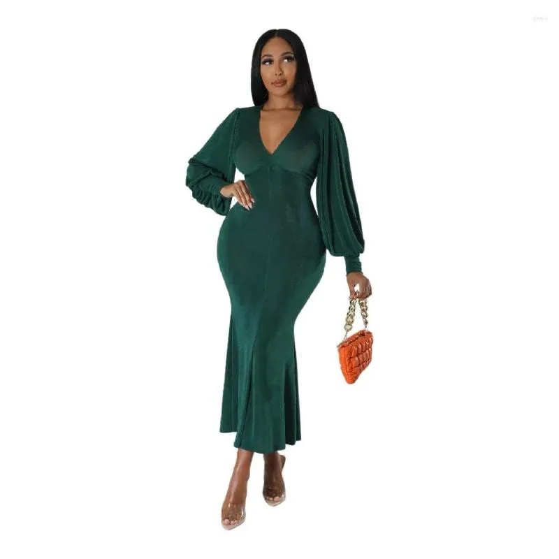 knee length dresses for ladies Long Sleeve Elastic V Neck Abstract Print Dress