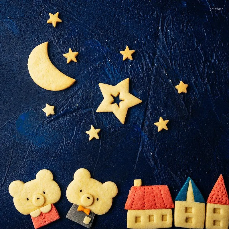 Bakvormen maanlichtbeer fondant cookie mallen cartoon moon ster in reliëf malde gebak koekje persstempel vormt 3D diy gereedschap