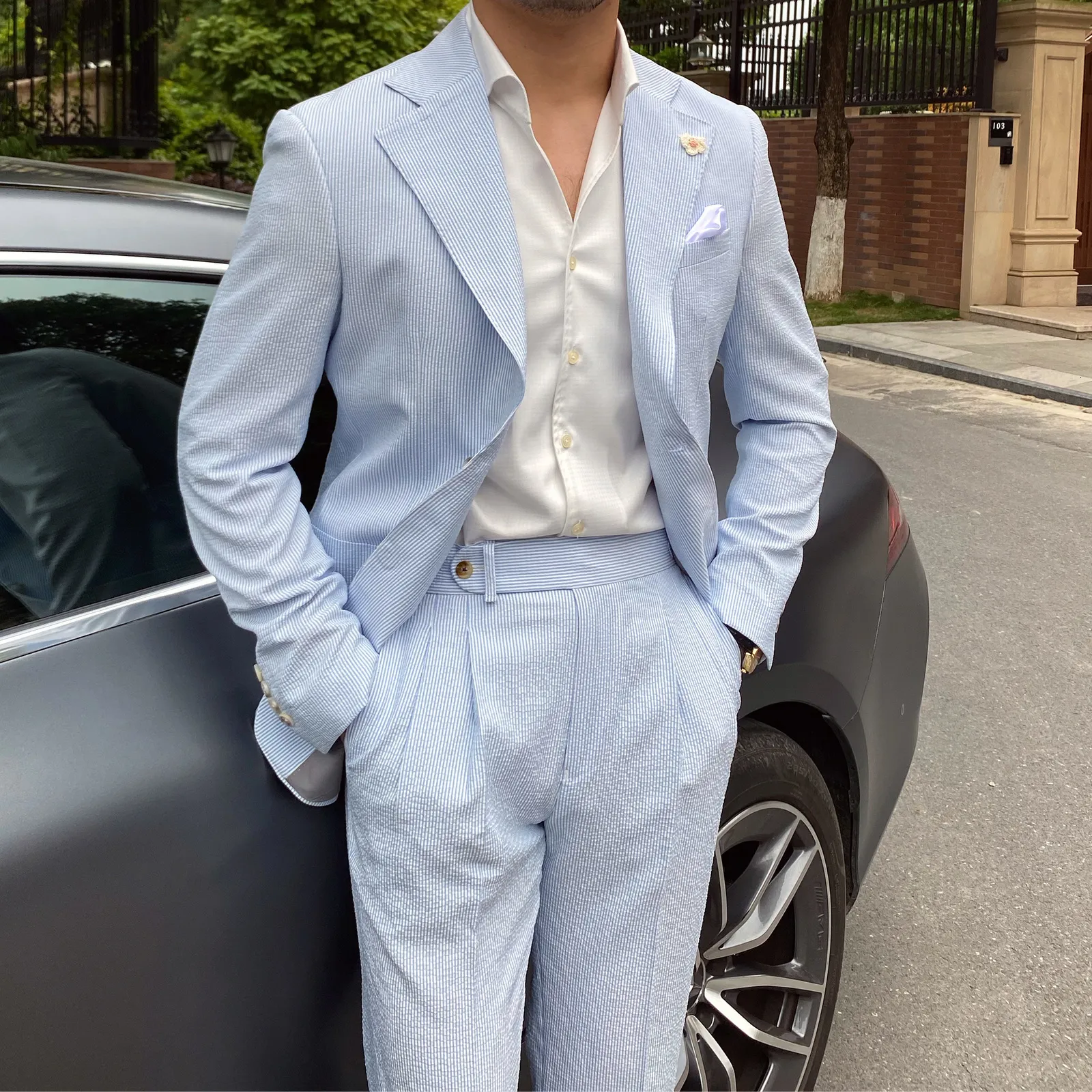 Mens Suits Blazers Summer Thin Men Leisure Blue Striped Seersucker Suit British Gentry Suit Men Suit Business Tuxedos Slim Fit Groom Men Suit 230503 From 198 63 DHgate