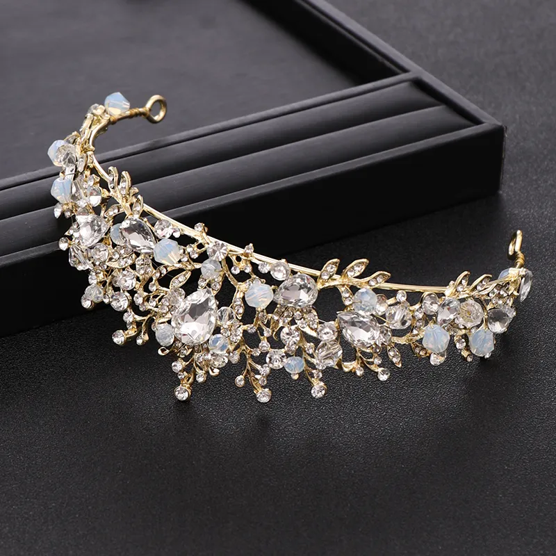 Bridal Crown High Grade Rhinestone European Style Gold Handgjorda kronor Huvudbonad hårtillbehör rosa strass blomma födelsedagsfest bröllop peadband smycken